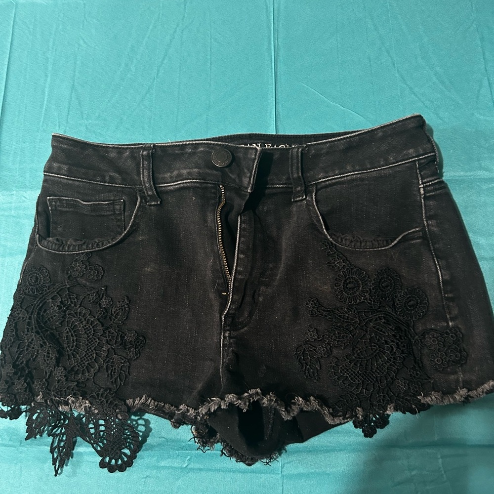 American Eagle Black Jean Shorts with Lace Trim